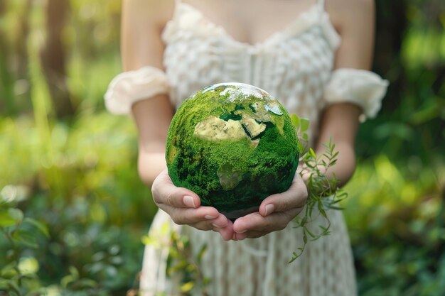 Photo woman holding a green planet earth symbol of sustainable development and renewable energy