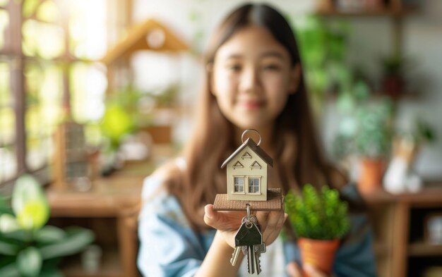 Photo a woman holding a house with a house in the hand