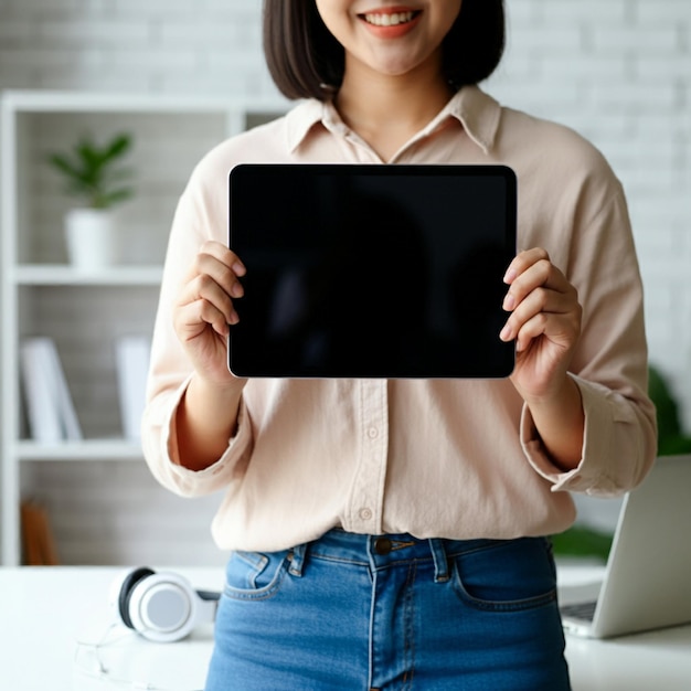 Photo a woman holding an ipad in her hands with a white laptop in the background