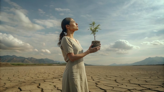 Foto una donna con una pianta in mano e un albero sullo sfondo