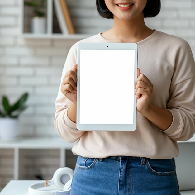 Photo a woman holding a tablet in her hands with a white tablet in the background