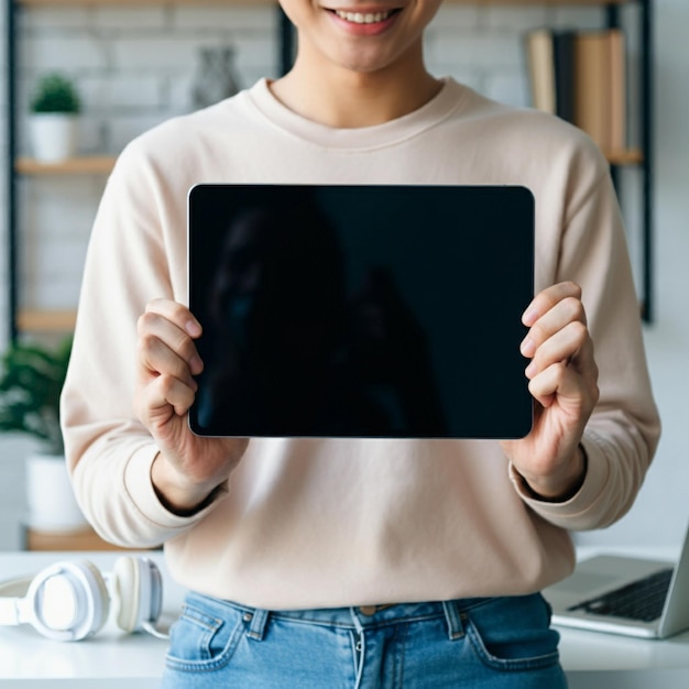 Photo a woman holding a tablet that says quot a quot on it quot