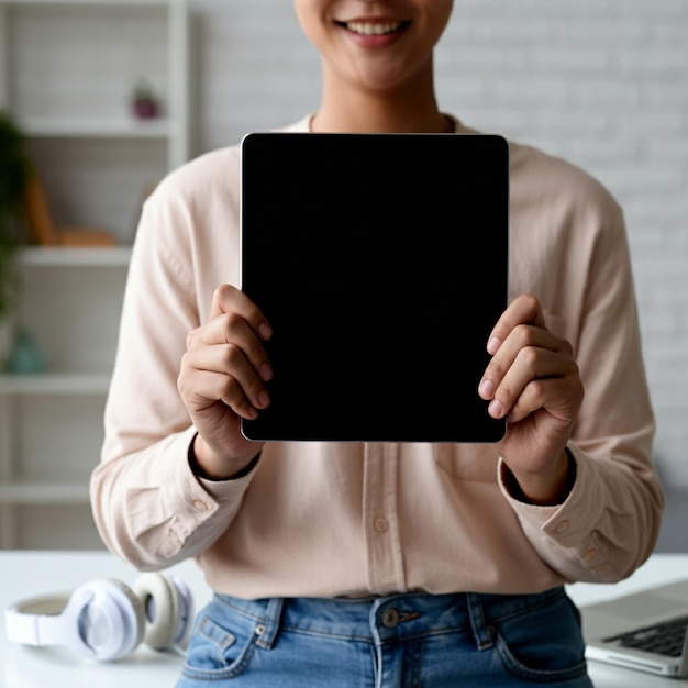 Photo a woman holding a tablet that says quot the word quot on it