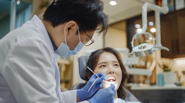 Photo a woman is getting a dental treatment at a dentists surgery