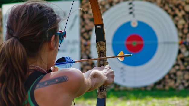 Photo a woman is holding a bow and arrow and aiming at a target