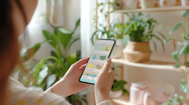 Photo a woman is holding a phone in her hand she is looking at the screen of the phone the phone is displaying a list of gardening apps