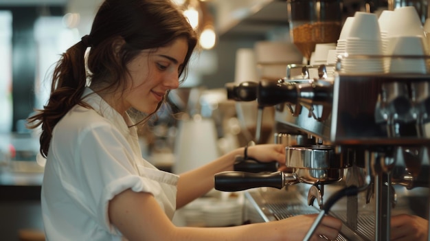 a woman is pouring coffee into a coffee machine