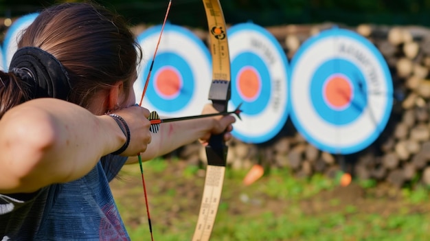 Photo a woman is practicing archery and is aiming at a target