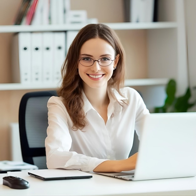 A woman is sitting at a desk with a laptop and a mouse.