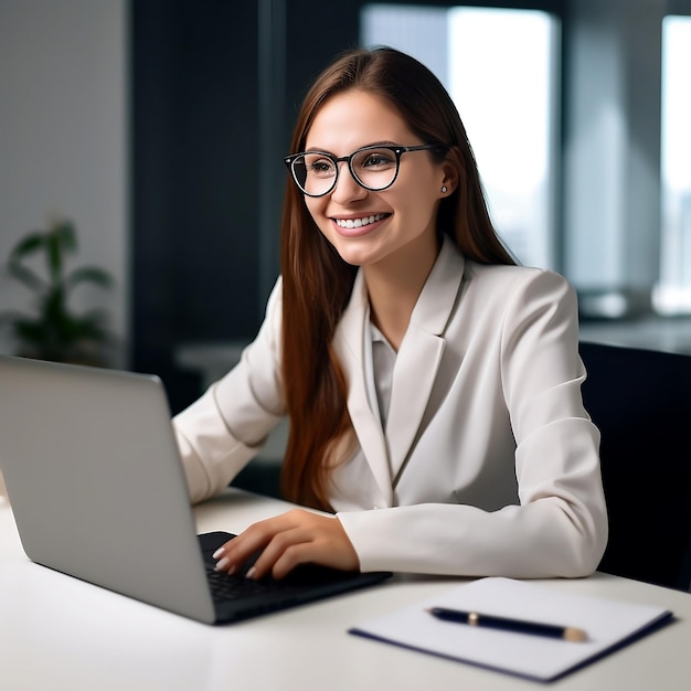 A woman is sitting at a desk with a laptop and a pen next to her.