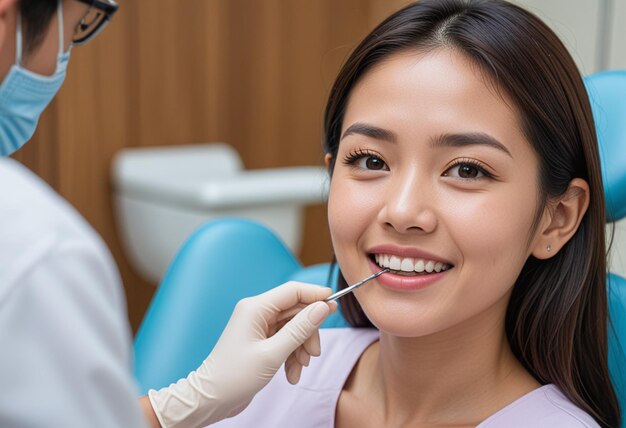 Foto una donna sta sorridendo mentre un dentista le esamina i denti