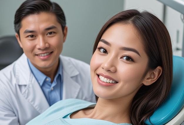 Foto una donna sta sorridendo con un uomo in un camico da laboratorio e una donna in un camio da laboratorio