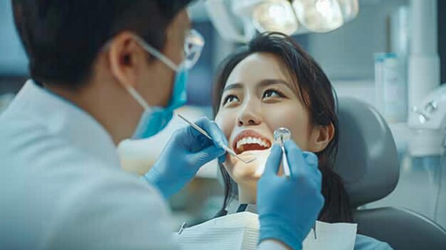 Foto una donna indossa un guanto blu e guanti con un sorriso bianco