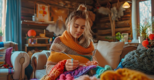 Photo a woman knitting a colorful scarf in a cozy living room surrounded by yarn and knitting needles