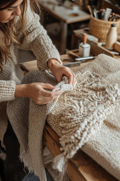 Photo a woman knitting a sweater with a pattern by person