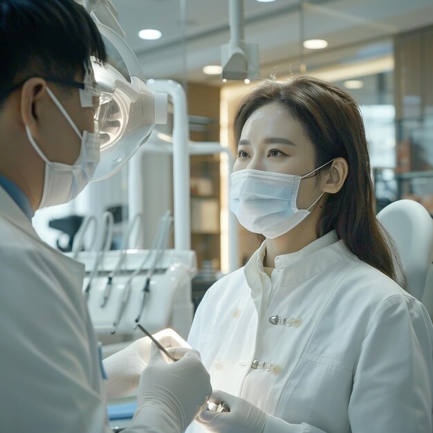 Foto una donna con un cappotto da laboratorio indossa una maschera che dice medico