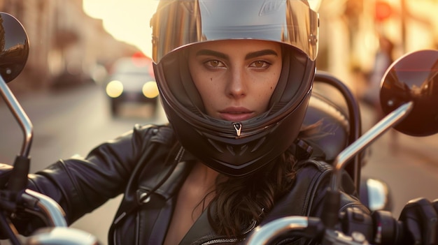 Woman in Leather Jacket and Helmet on a Motorcycle