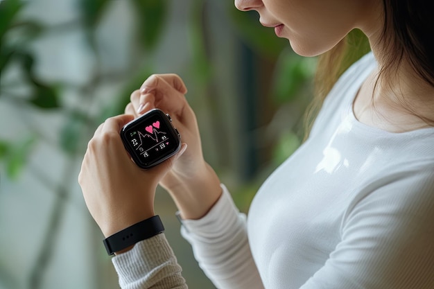 Photo woman measuring heart rate with smart watch fitness and healthcare concept photo