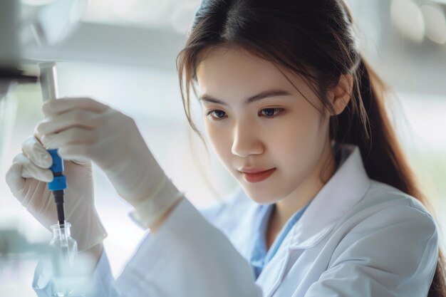 Photo woman in medical research laboratory female scientist scientific lab biotechnology microbiology