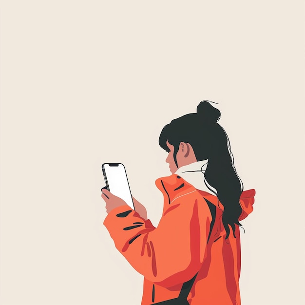 Photo a woman in an orange coat is looking at a phone