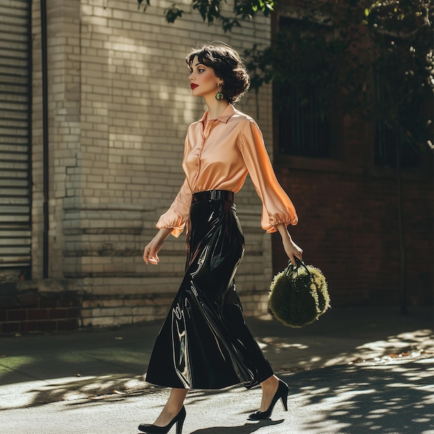 Photo a woman in a pink top is walking down a street