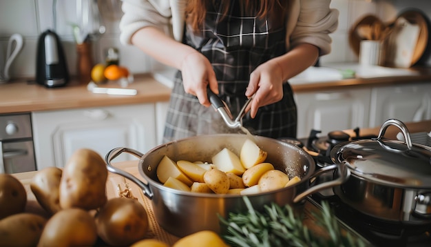 Woman putting peeled potato in pot at table in kitchen