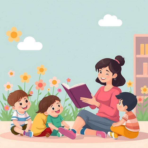 Photo a woman reading a book with three children sitting in the grass