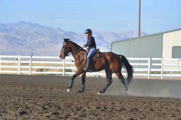 Photo a woman riding a horse in a corral with a mountain in the background