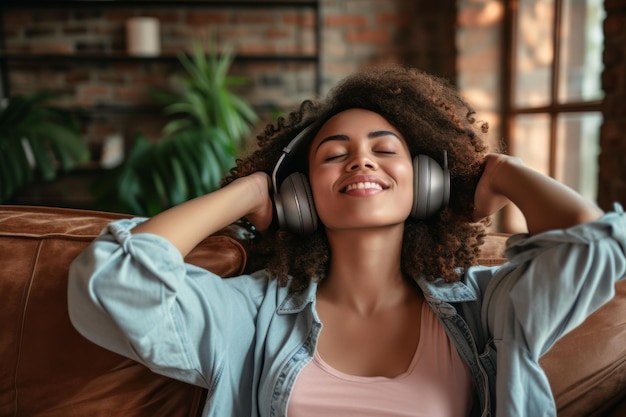 Woman Sitting on Couch Listening to Headphones