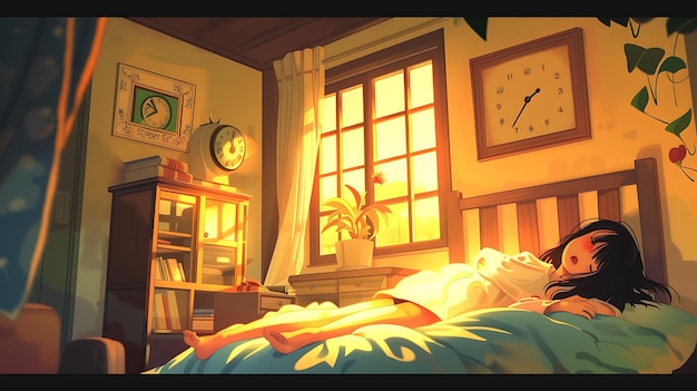 Photo woman sleeping in a cozy room with golden sunlight streaming through the window