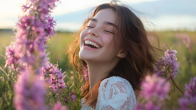 a woman smiles in a field of flowers with her eyes closed