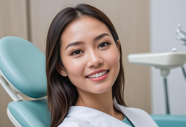 Foto una donna che sorride in una sedia dentale con un sorriso che dice 