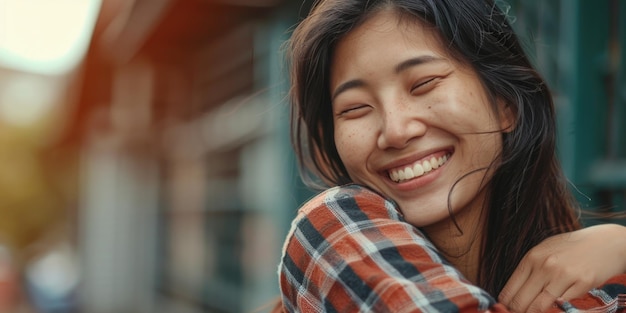 Photo a woman smiling while resting against a building perfect for use in personal or commercial projects