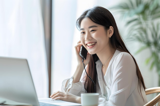 Photo woman smiling while talking on phone and working on laptop