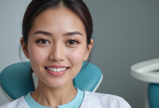 Foto una donna che sorride con uno spazzolino da denti in bocca