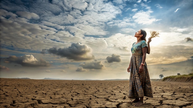 Foto a woman stands in a desert with a sky background