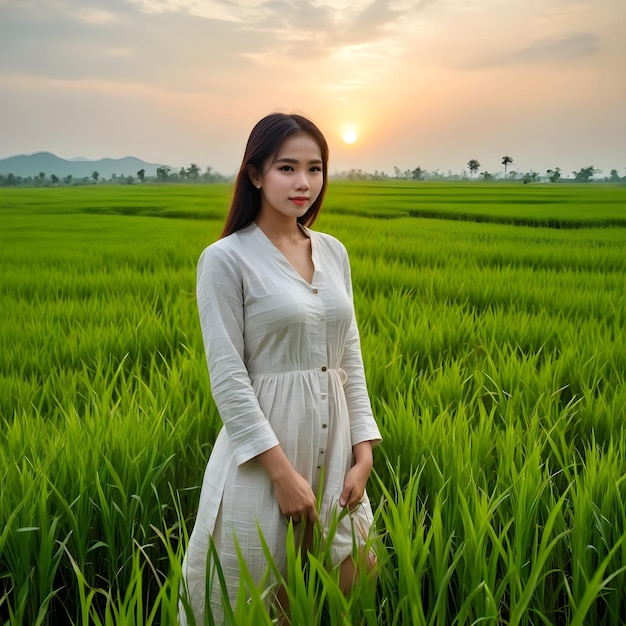 Photo a woman stands in a field of rice with the sun setting behind her