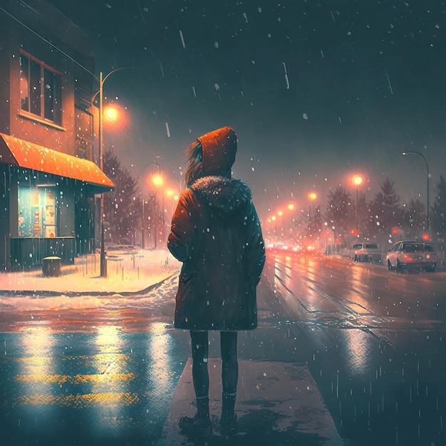 A woman stands on a snowy street in the snow