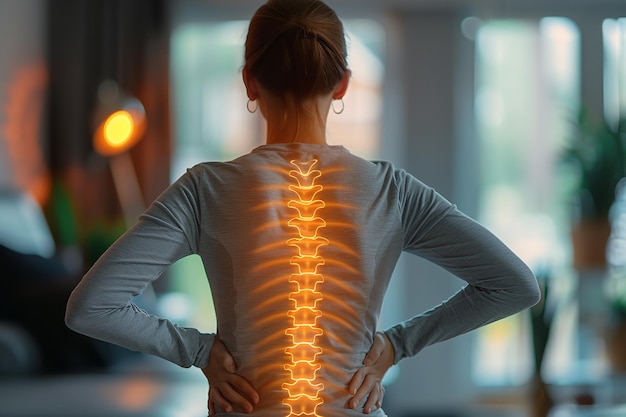 A woman suffering with Lumbar intervertebral spine pain sitting in sofa in living room and showing her pain as double exposer Generative AI