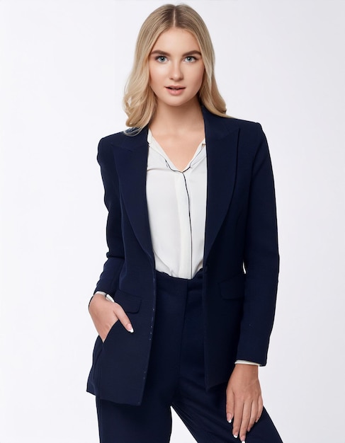 Photo a woman in a suit stands in front of a white background