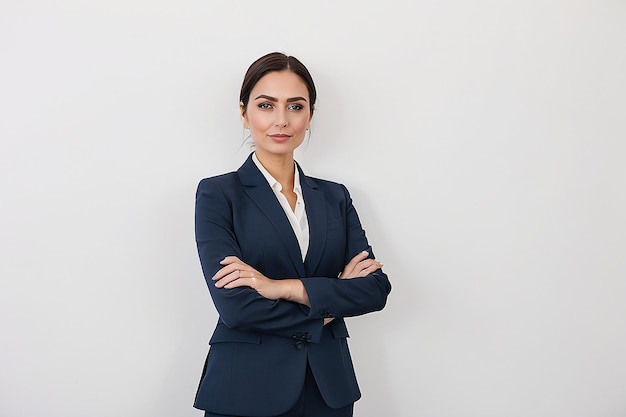 A woman in a suit stands with her arms crossed in front of a white wall