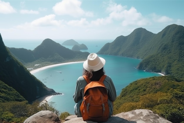 사진 여성 여행자가 배을 들고 산을 산책하며 시야를 바라보고 있습니다.