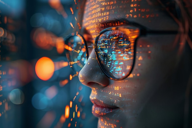 a woman wearing glasses with the word data on it