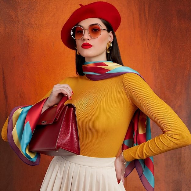 Photo woman wearing a hat and sunglasses is posing with a red bag