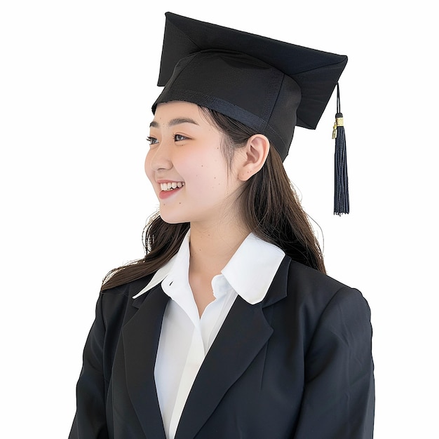 Photo a woman wearing a pink graduation cap and gown