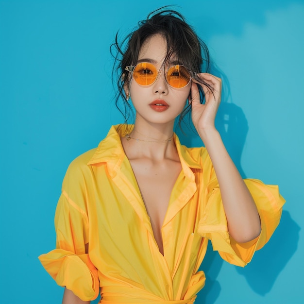 Photo a woman wearing a yellow shirt and sunglasses is posing for a photo