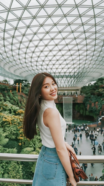 Photo a woman in a white dress is standing in front of a building with a large glass roof