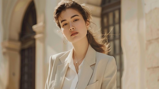 Photo a woman in a white jacket and a white shirt