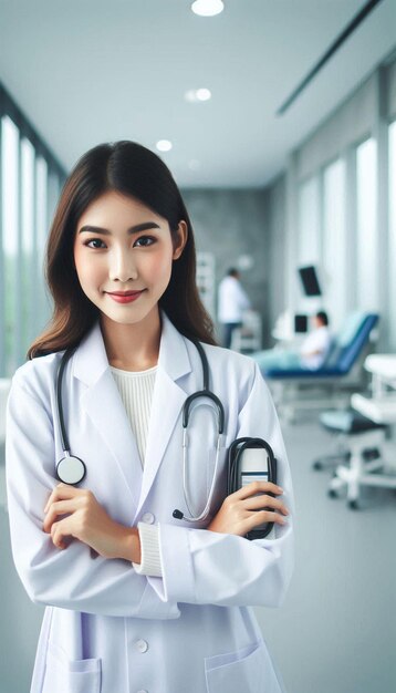 a woman in a white lab coat is holding a stethoscope