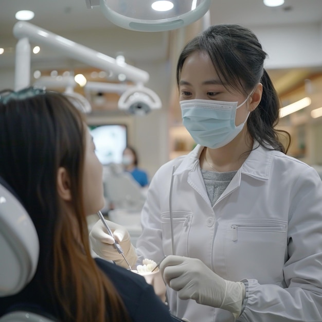 Foto una donna in abito da laboratorio bianco indossa una maschera e guanti